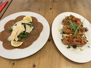 Vegan carpaccio and bruschetta   at Pizzeria Trattoria Sorrentino in Cologne