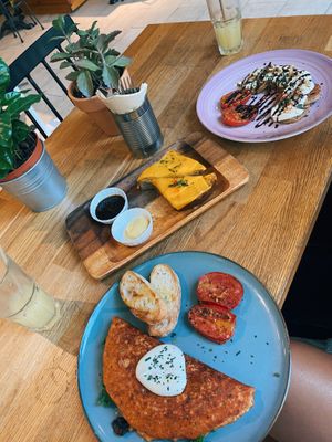 Chickpea omelette, grilled cheese and savoury buckwheat pancakes ! at Eqvilibrivm Cafe in Barcelona