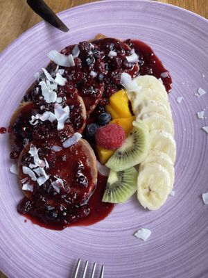 Pancakes with mixed berry sauce ❤️❤️ at Eqvilibrivm Cafe in Barcelona