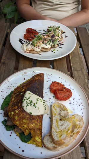 (Top) cream cheese pancakes. (Bottom) tofu omelette at Eqvilibrivm Cafe in Barcelona
