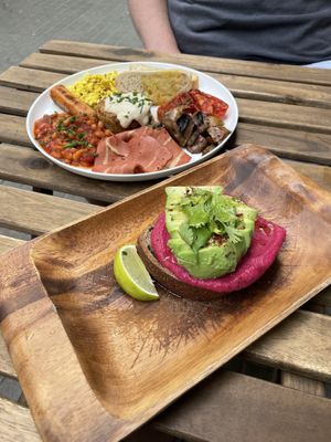Vegan full English breakfast and avocado toast  at Eqvilibrivm Cafe in Barcelona