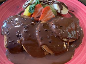 Chocolate and banana pancakes - fantastic  at Eqvilibrivm Cafe in Barcelona