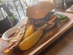 Tempeh burger   at Eqvilibrivm Cafe in Barcelona