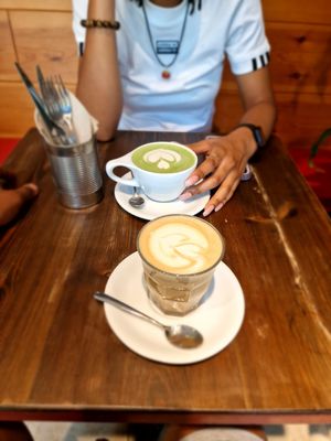 Matcha latte and cappuccino   at Eqvilibrivm Cafe in Barcelona