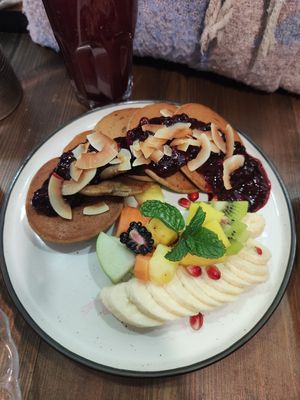 Red berries pancakes at Eqvilibrivm Cafe in Barcelona