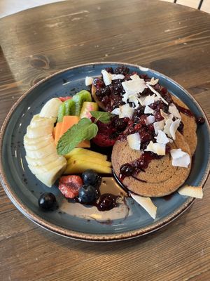 Berry compote pancakes   at Eqvilibrivm Cafe in Barcelona