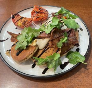 Savoury pancakes with cheese and bacon  at Eqvilibrivm Cafe in Barcelona