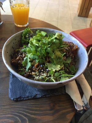 Kimchy and Teriyaki Buddha Bowl at Eqvilibrivm Cafe in Barcelona