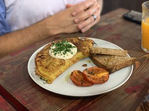 Chickpea omelette... perfect texture and wonderful flavor at Eqvilibrivm Cafe in Barcelona