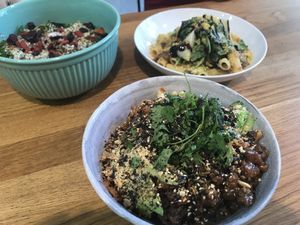 Buddha Bowl, Warm Rainbow Salad and Mama’s Bolognese at Eqvilibrivm Cafe in Barcelona