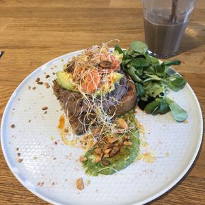 Avocado toast and avocado cocoa smoothie ;) at Eqvilibrivm Cafe in Barcelona