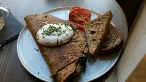 Chickpea pancake at Eqvilibrivm Cafe in Barcelona