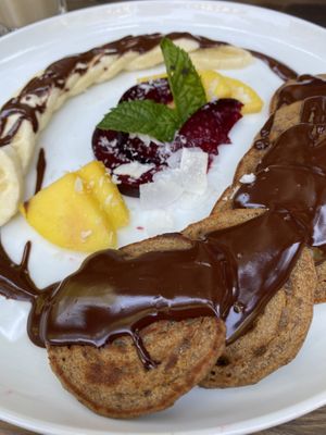 Banana and chocolate pancakes  at Eqvilibrivm Cafe in Barcelona