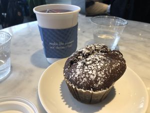 Vegan chocolate muffin and tea at Flour Bakery + Cafe in Cambridge