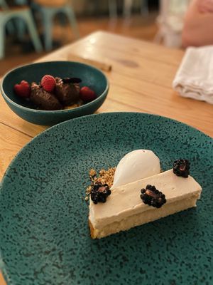 Lemon cheesecake and chocolate mousse. The cheesecake was perfect. The chocolate mousse was not my thing, a bit too raw and bitter for me personally .  at Pisco in Vila Do Bispo