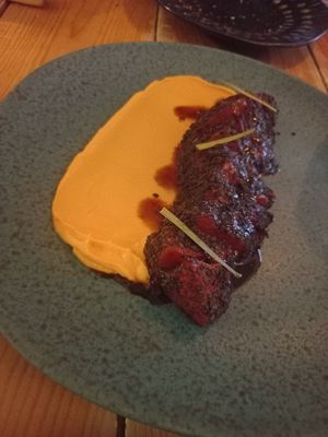 Watermelon tataki with a subtle wasabi and carrot sauce. at Pisco in Vila Do Bispo