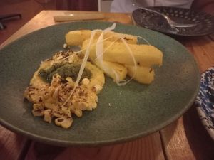Corn dish: Polenta, pop corn, corn sauce and a lemon gremolata. at Pisco in Vila Do Bispo