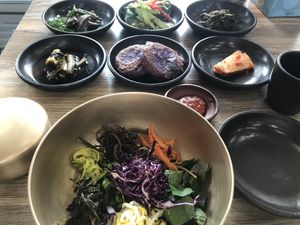 Delicious and filling bibimbap with the amazing purple jeon 😊  at Babiboyak in Jeju