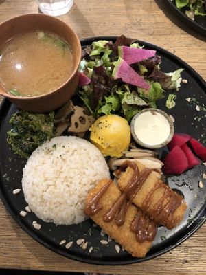 Miso Katsu plate at Mumokuteki Vegan Cafe in Kyoto