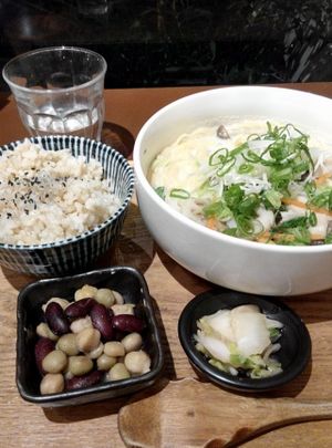 Ramen in pork bone-like soup made of soya-milk. 

You can have noodles on it own.

I order it as a set and it came with a bowl of rice and 2 side dishes.

The whole set was just 1000Y (plus another 80Y for tax). 
 at Mumokuteki Vegan Cafe in Kyoto