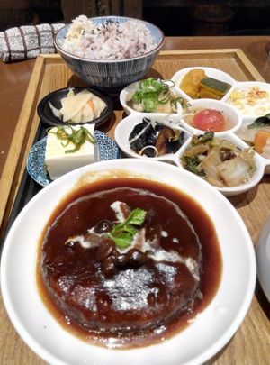 One of the Japanese set available. Y1500 (dinner price, excl tax). This is very good. The steak like patty was very delicious. at Mumokuteki Vegan Cafe in Kyoto