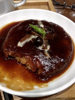 Not sure what is this made of. Probably some TVP and minced vegetables. But it was really good!  at Mumokuteki Vegan Cafe in Kyoto