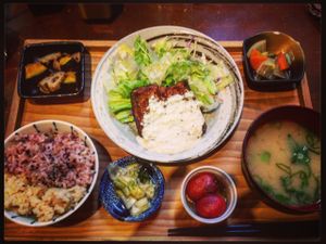 Lunch vegan chicken cutlet set with pickles, 2 kinds of rice, tartar sauce at Mumokuteki Vegan Cafe in Kyoto