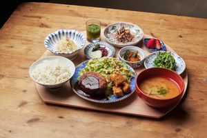 Tofu hamburger steak and fried tofu with okara at Mumokuteki Vegan Cafe in Kyoto