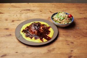 Thorough omelette rice with yuba instead of eggs at Mumokuteki Vegan Cafe in Kyoto