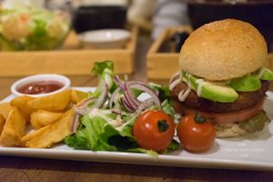 Avocado burger.  at Mumokuteki Vegan Cafe in Kyoto