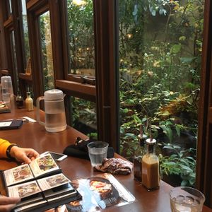 garden view seating at Mumokuteki Vegan Cafe in Kyoto