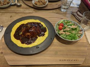Vegan omelette w rice and salad at Mumokuteki Vegan Cafe in Kyoto