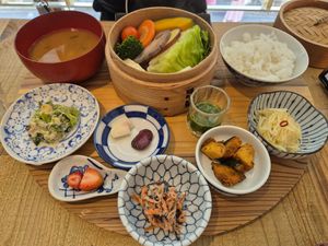 Steamed vegetables with the default sides at Mumokuteki Vegan Cafe in Kyoto