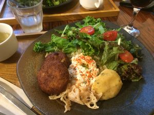 tofu butger at Mumokuteki Vegan Cafe in Kyoto