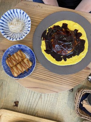 Omurice, katsu, cold potatoess  at Mumokuteki Vegan Cafe in Kyoto