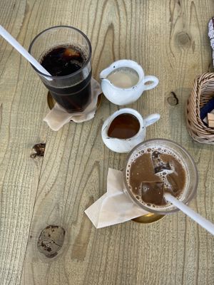 Iced latte with oat milkk  at Mumokuteki Vegan Cafe in Kyoto