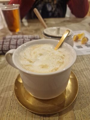 Maple latte at Mumokuteki Vegan Cafe in Kyoto