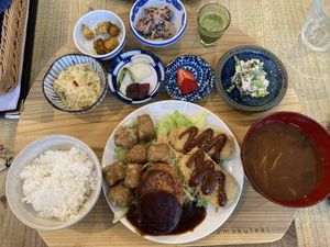 The main set with all the fried things   at Mumokuteki Vegan Cafe in Kyoto