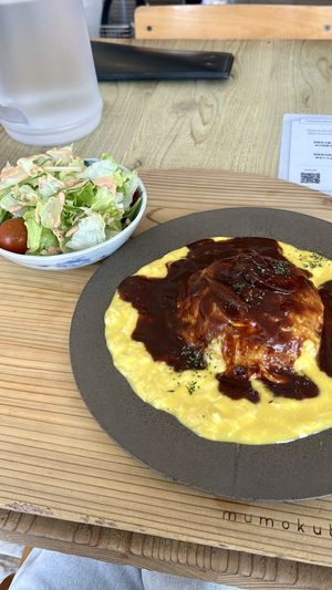 Omurice and salad  at Mumokuteki Vegan Cafe in Kyoto