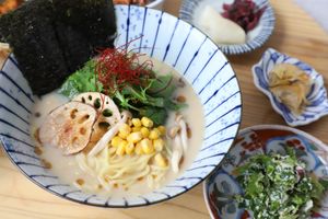 Vegan ramen at Mumokuteki Vegan Cafe in Kyoto