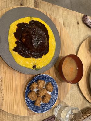 Omurice, nuggets and soup  at Mumokuteki Vegan Cafe in Kyoto