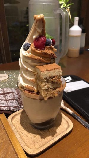 Yummy tiramisu parfait  at Mumokuteki Vegan Cafe in Kyoto