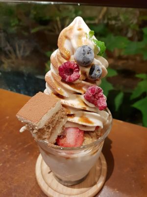 Tiramisu parfait!!!! It is huge! at Mumokuteki Vegan Cafe in Kyoto