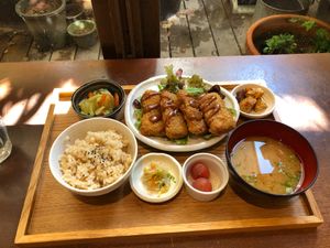 Miso style cutlet platter  at Mumokuteki Vegan Cafe in Kyoto