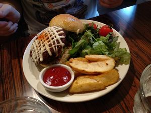 Vegan tofu burger at Mumokuteki Vegan Cafe in Kyoto