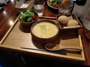 Vegan pumpkin soup set at Mumokuteki Vegan Cafe in Kyoto