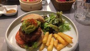 The burger. at Mumokuteki Vegan Cafe in Kyoto