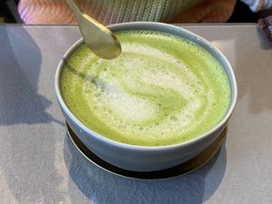 Matcha latte (vegan) at Mumokuteki Vegan Cafe in Kyoto