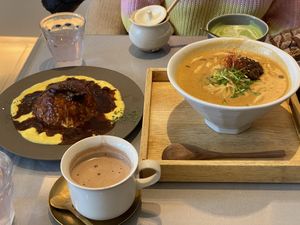 Tan-tan noodles, Tofu skin omurice, matcha latte, hot chocolate. All vegan. at Mumokuteki Vegan Cafe in Kyoto