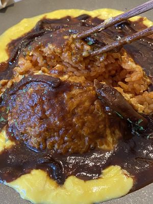 Tofu skin omurice (inside). Tasty! at Mumokuteki Vegan Cafe in Kyoto